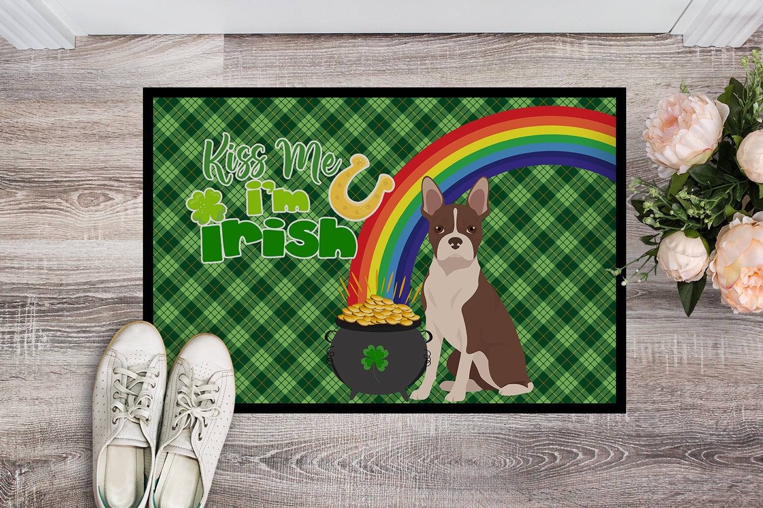 Red Boston Terrier St. Patrick's Day Doormat Indoor Outdoor 24H X 36W Front Door Mat Rugs for Entryway, Non Slip Washable Low Pile,