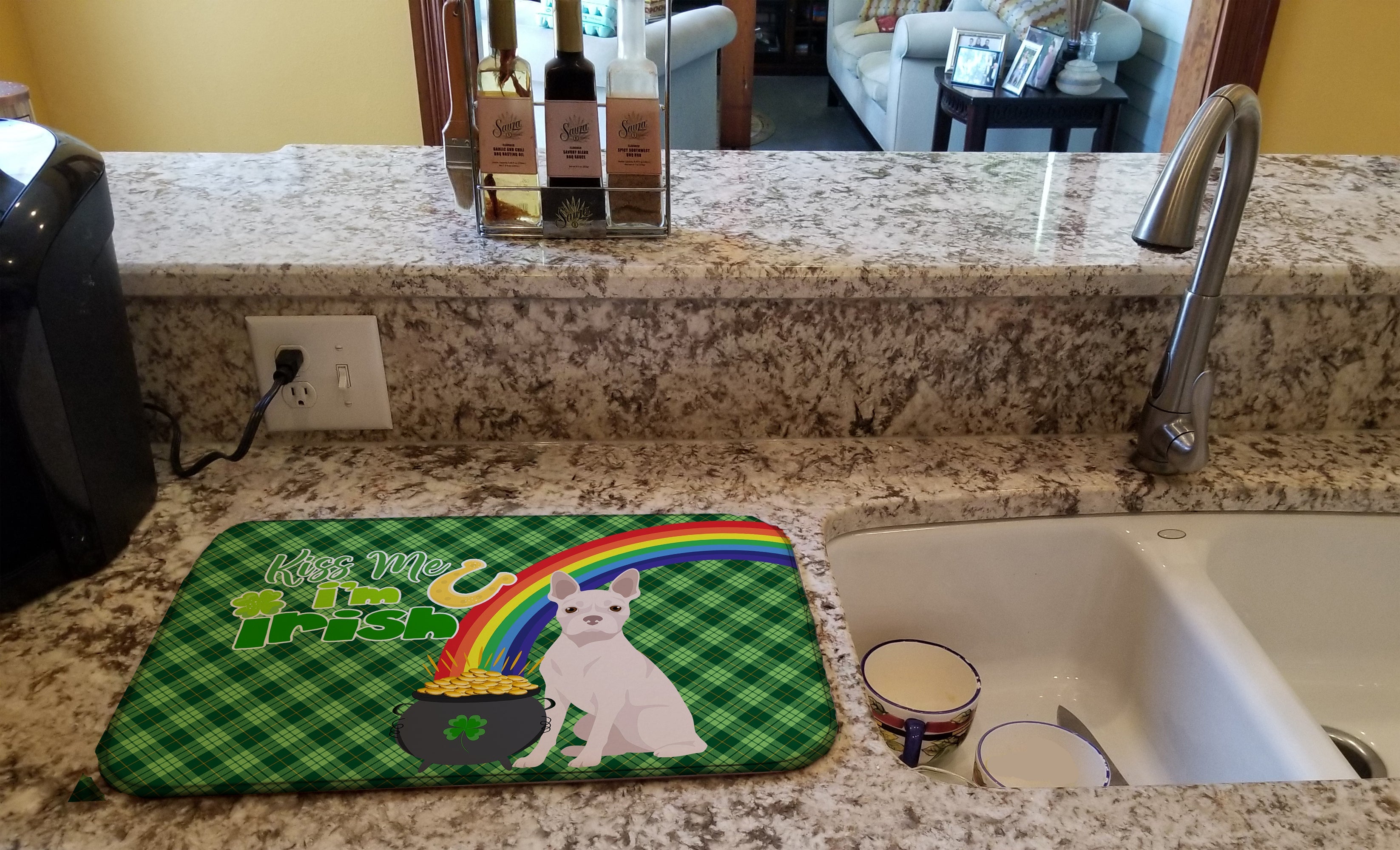 White Boston Terrier St. Patrick's Day Dish Drying Mat Absorbent Dish Drying Mat Pad for Kitchen Counter Dish Drainer Mat for Countertop, 14 x 21", Multicolor