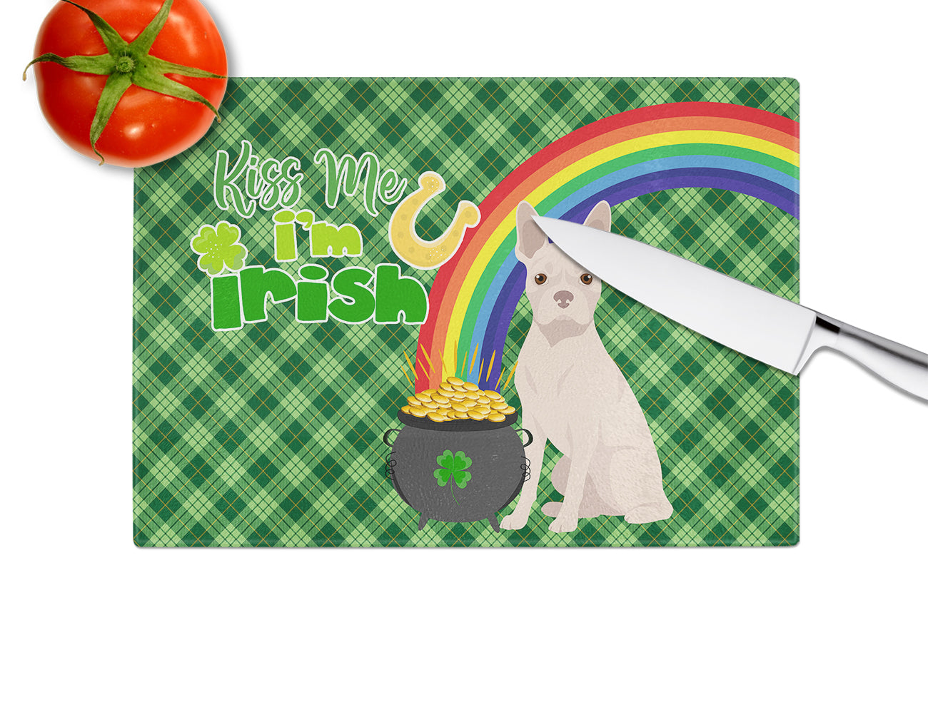 White Boston Terrier St. Patrick's Day Cutting Board Tempered Glass Kitchen Cutting Surface, Heat Resistant Chopping, Non-Slip Feet, Food Prep & Serving
