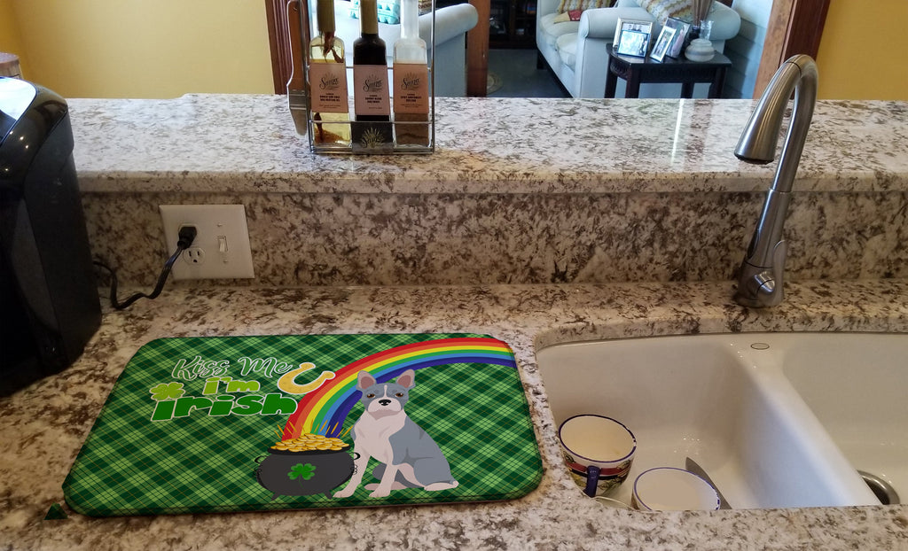 Blue Boston Terrier St. Patrick's Day Dish Drying Mat Absorbent Dish Drying Mat Pad for Kitchen Counter Dish Drainer Mat for Countertop, 14 x 21", Multicolor