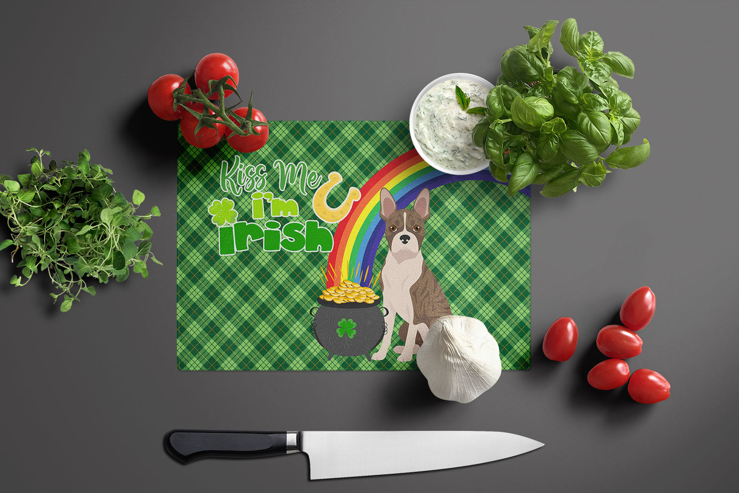 Brindle Boston Terrier St. Patrick's Day Cutting Board Tempered Glass Kitchen Cutting Surface, Heat Resistant Chopping, Non-Slip Feet, Food Prep & Serving