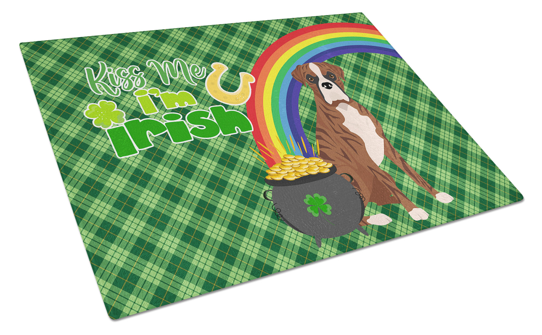 Natural Eared Red Brindle Boxer St. Patrick's Day Cutting Board Tempered Glass Kitchen Cutting Surface, Heat Resistant Chopping, Non-Slip Feet, Food Prep & Serving