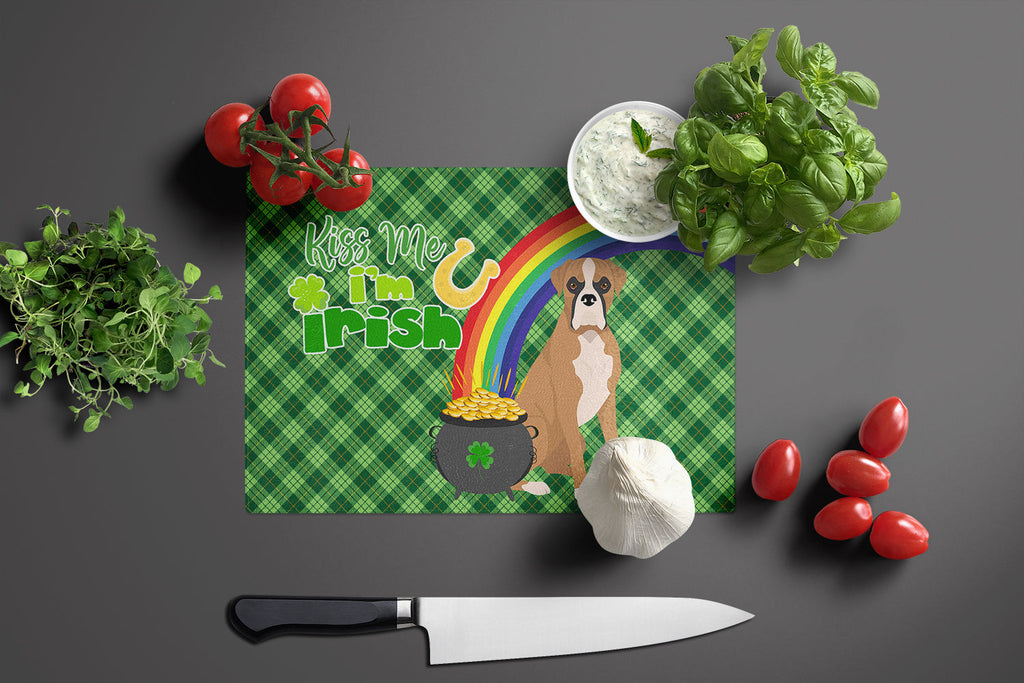 Natural Eared Fawn Boxer St. Patrick's Day Cutting Board Tempered Glass Kitchen Cutting Surface, Heat Resistant Chopping, Non-Slip Feet, Food Prep & Serving