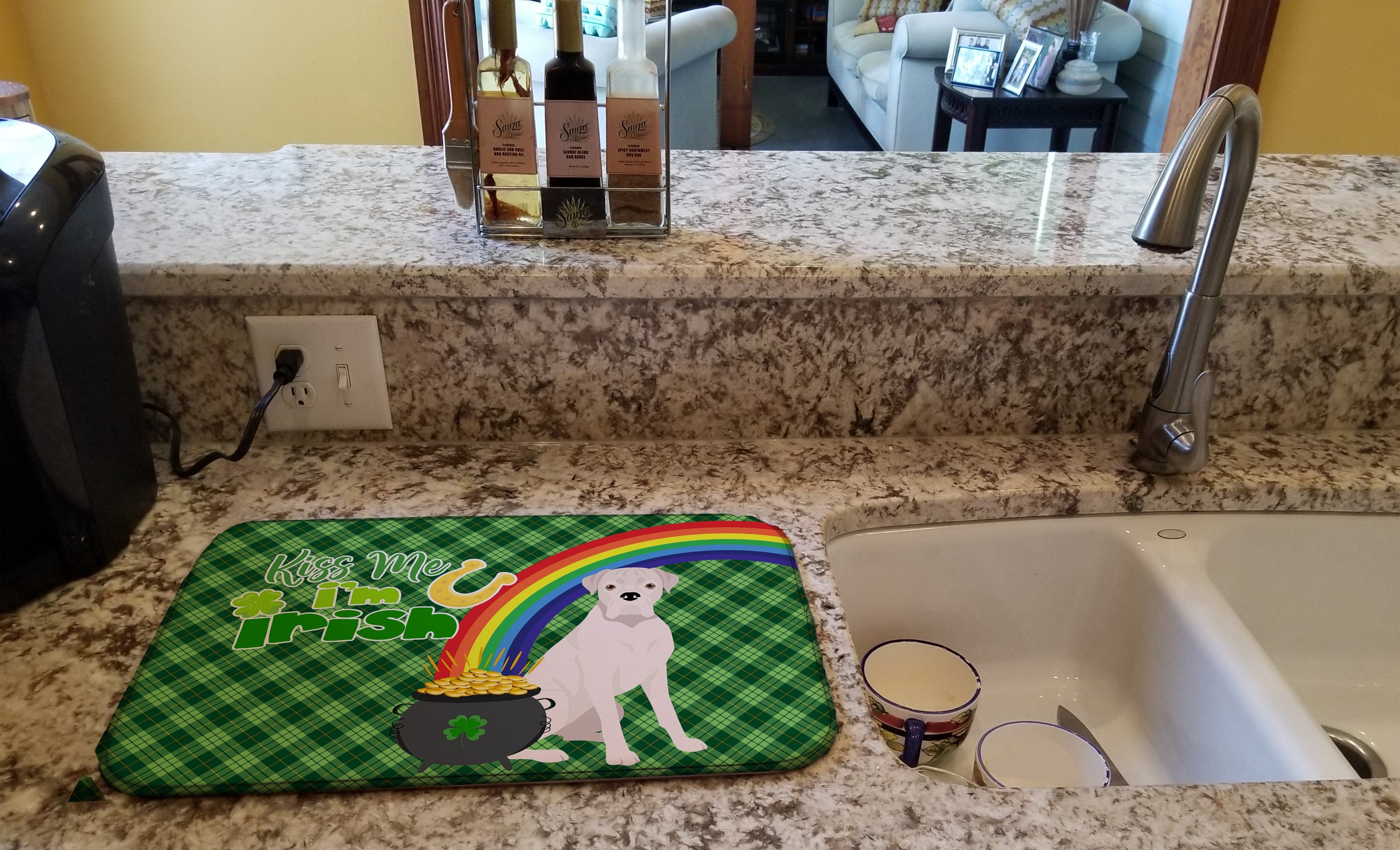 Natural Eared White Boxer St. Patrick's Day Dish Drying Mat Absorbent Dish Drying Mat Pad for Kitchen Counter Dish Drainer Mat for Countertop, 14 x 21", Multicolor