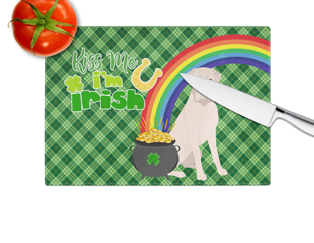 Natural Eared White Boxer St. Patrick's Day Cutting Board Tempered Glass Kitchen Cutting Surface, Heat Resistant Chopping, Non-Slip Feet, Food Prep & Serving