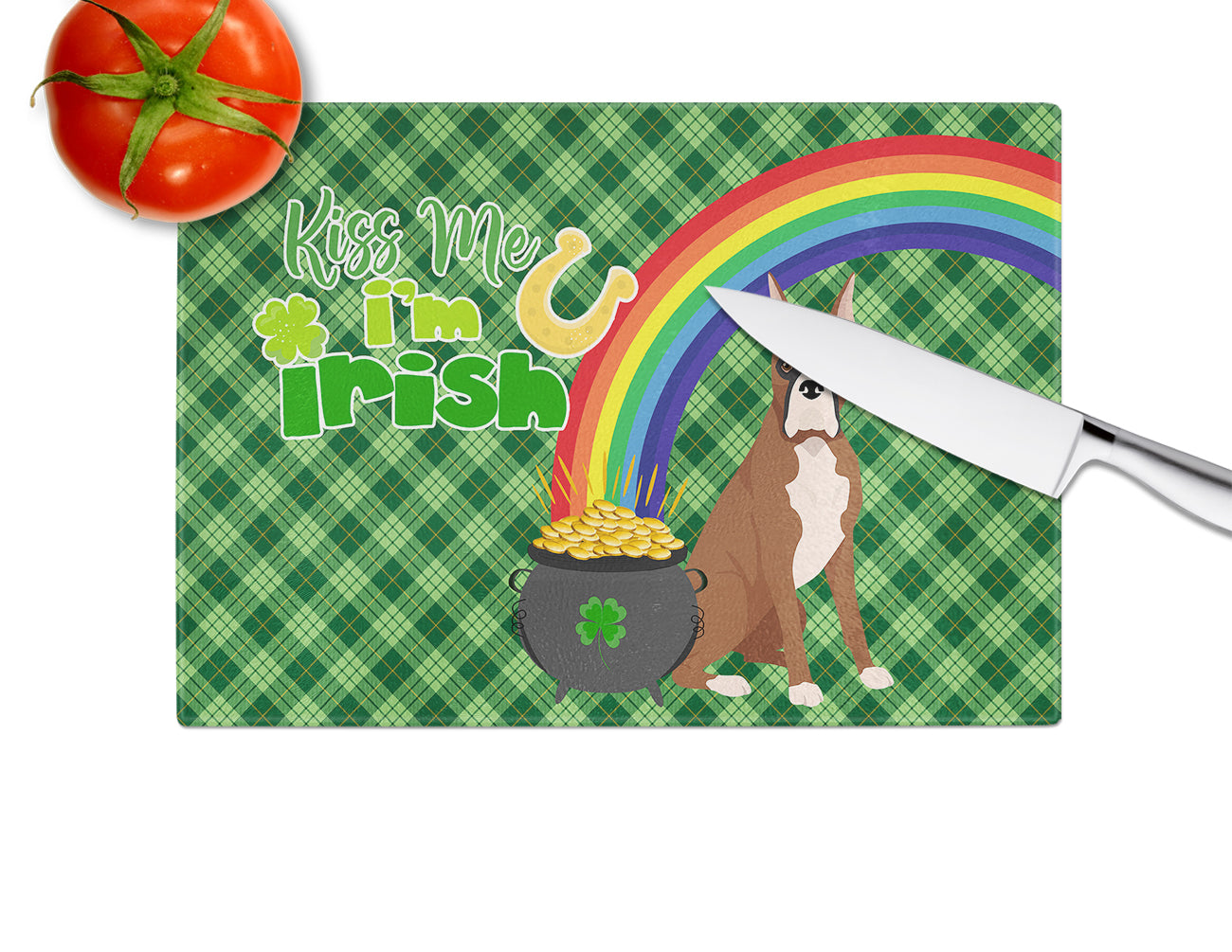 Red Fawn Boxer St. Patrick's Day Cutting Board Tempered Glass Kitchen Cutting Surface, Heat Resistant Chopping, Non-Slip Feet, Food Prep & Serving