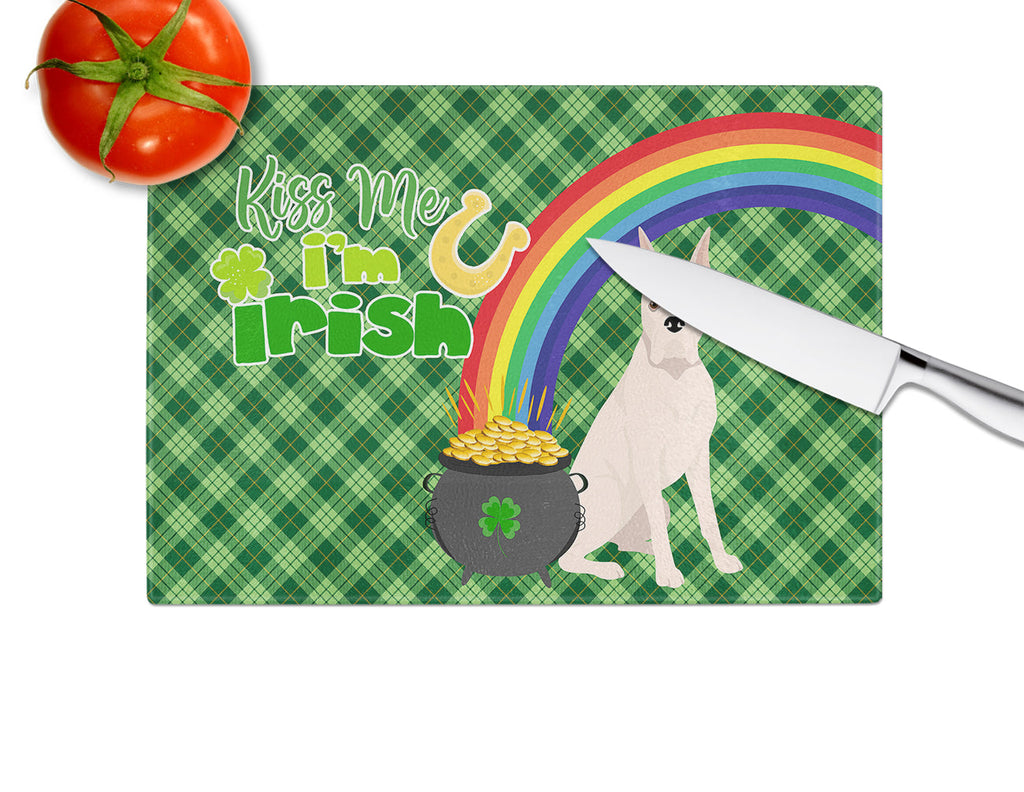 White Boxer St. Patrick's Day Cutting Board Tempered Glass Kitchen Cutting Surface, Heat Resistant Chopping, Non-Slip Feet, Food Prep & Serving