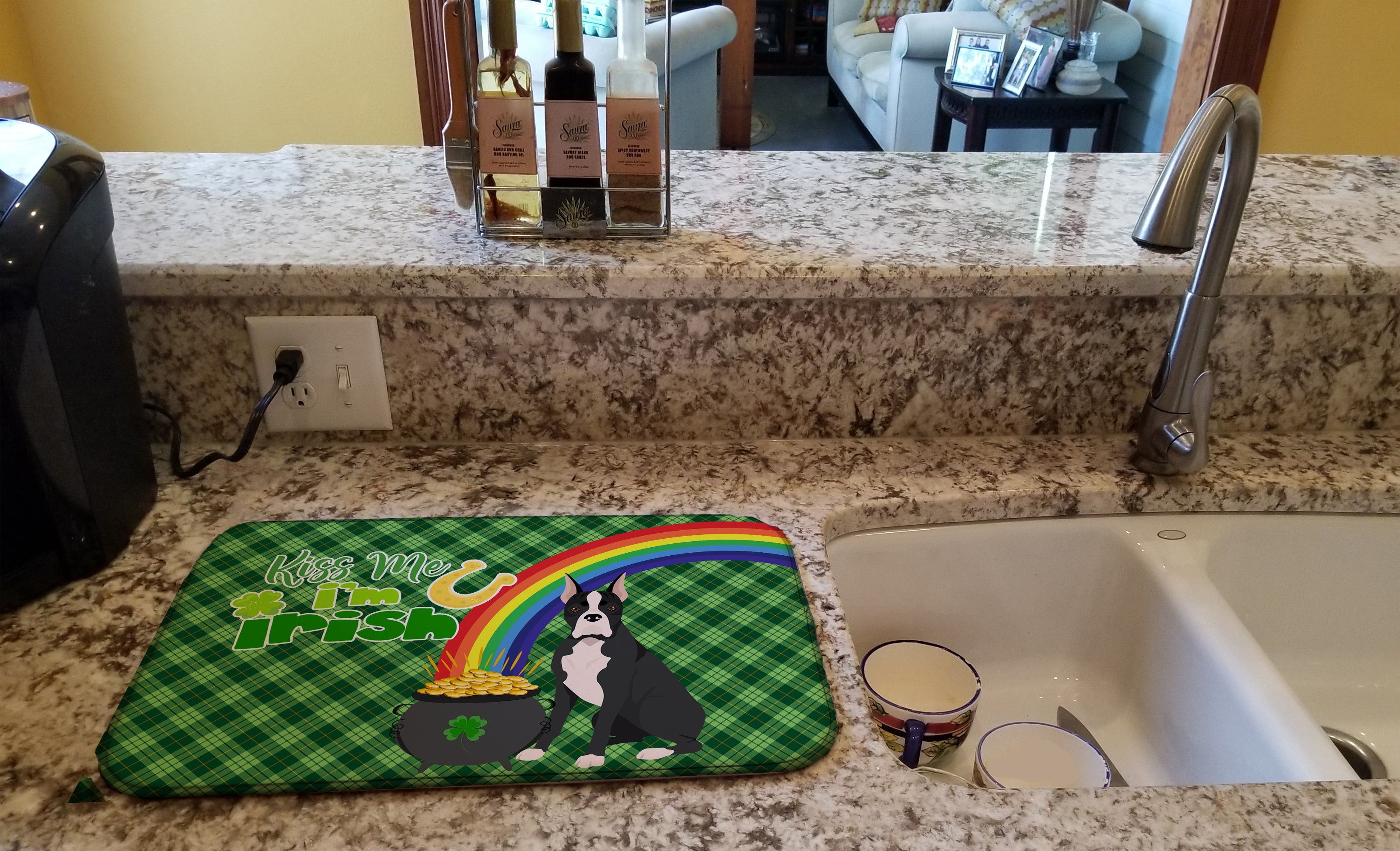 Black Boxer St. Patrick's Day Dish Drying Mat Absorbent Dish Drying Mat Pad for Kitchen Counter Dish Drainer Mat for Countertop, 14 x 21", Multicolor