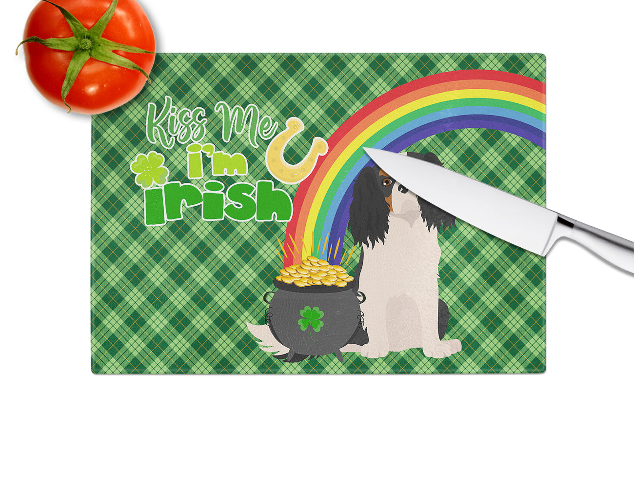 Tricolor Cavalier Spaniel St. Patrick's Day Cutting Board Tempered Glass Kitchen Cutting Surface, Heat Resistant Chopping, Non-Slip Feet, Food Prep & Serving
