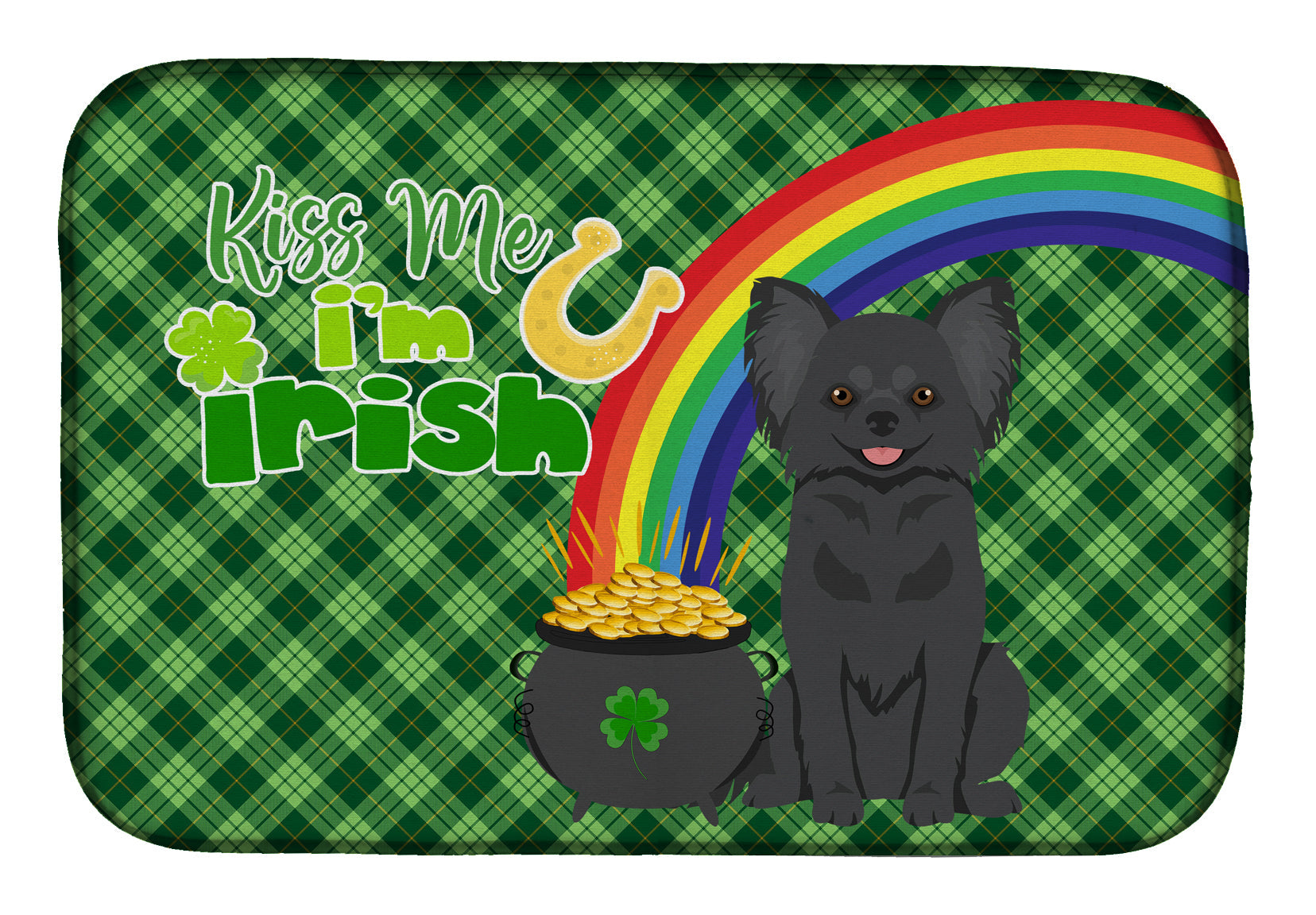 Longhaired Black Chihuahua St. Patrick's Day Dish Drying Mat Absorbent Dish Drying Mat Pad for Kitchen Counter Dish Drainer Mat for Countertop, 14 x 21", Multicolor