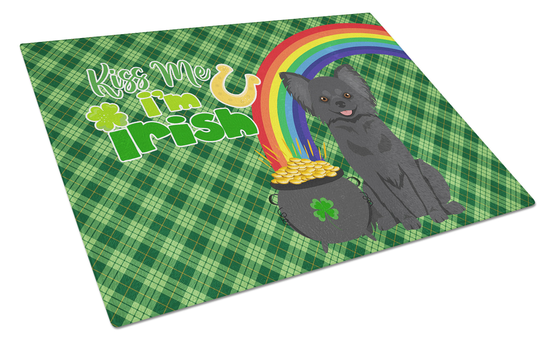 Longhaired Black Chihuahua St. Patrick's Day Cutting Board Tempered Glass Kitchen Cutting Surface, Heat Resistant Chopping, Non-Slip Feet, Food Prep & Serving