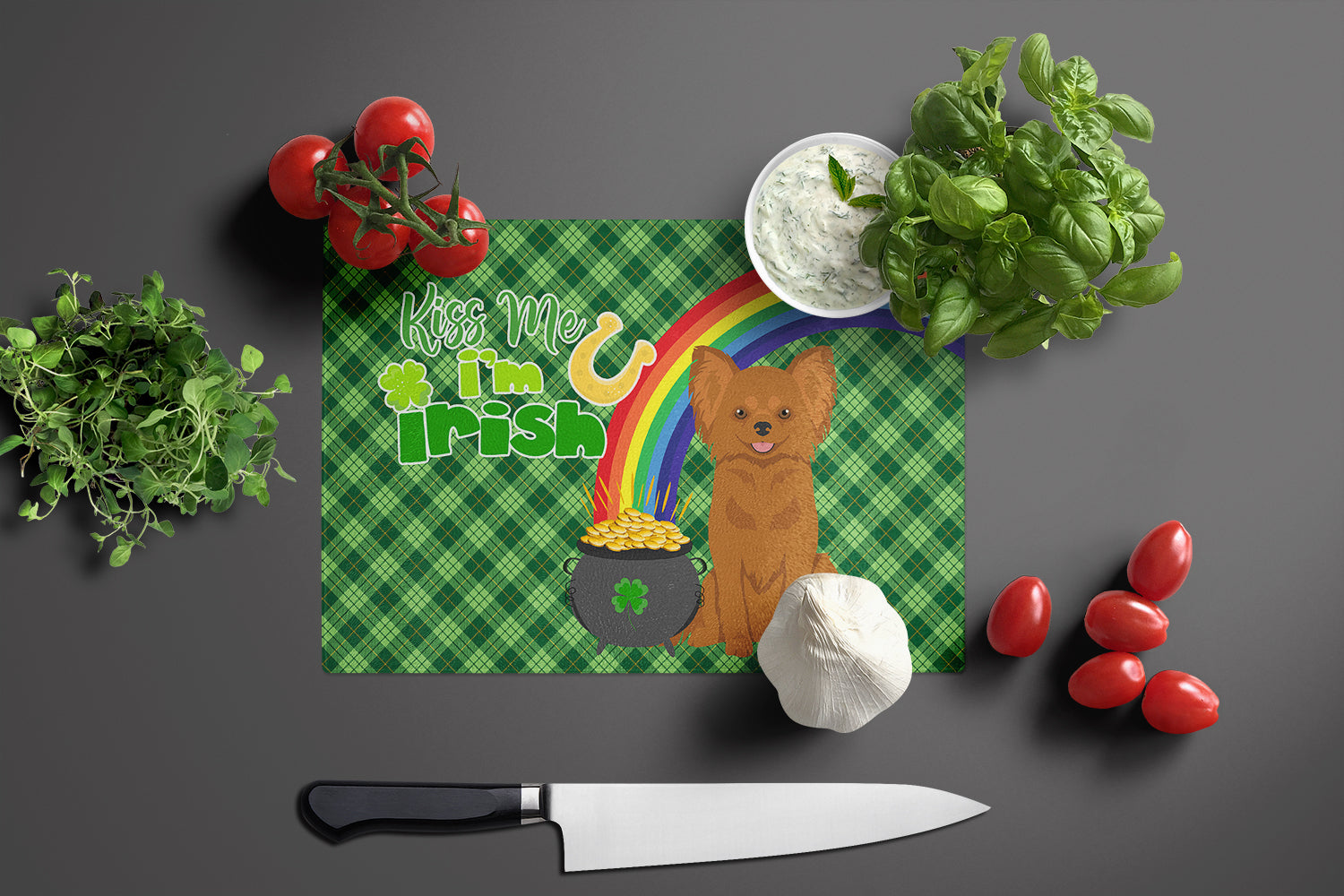 Longhaired Red Chihuahua St. Patrick's Day Cutting Board Tempered Glass Kitchen Cutting Surface, Heat Resistant Chopping, Non-Slip Feet, Food Prep & Serving