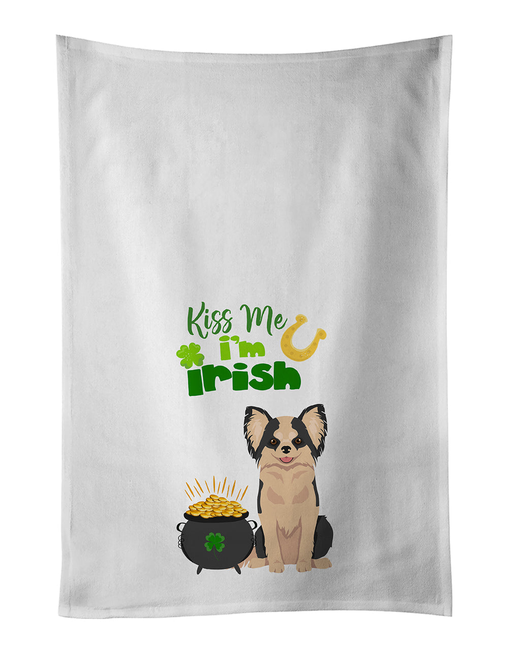 Longhaired Black and White #2 Chihuahua St. Patrick's Day Kitchen Towel Set of 2 White Dish Towels Decorative Bathroom Hand towel for Hand, Face, Hair, Yoga, Tea, Dishcloth, 19 X 28", White