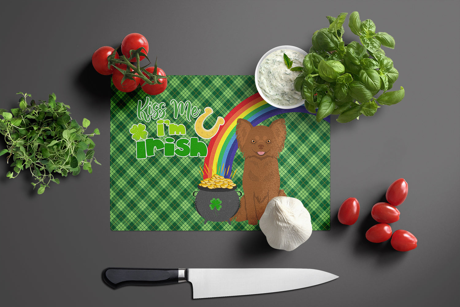 Longhaired Chocolate Chihuahua St. Patrick's Day Cutting Board Tempered Glass Kitchen Cutting Surface, Heat Resistant Chopping, Non-Slip Feet, Food Prep & Serving