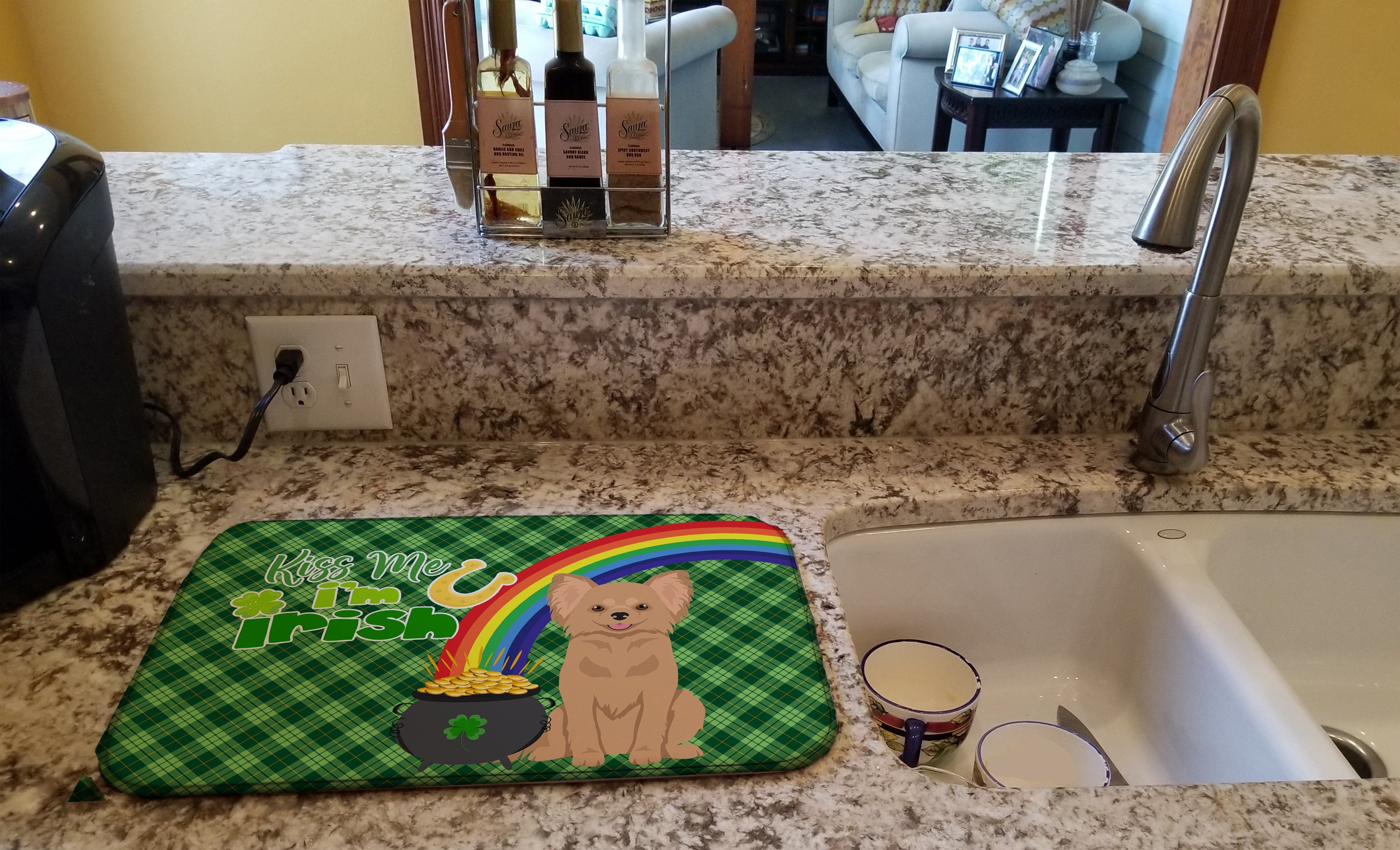 Longhaired Gold Chihuahua St. Patrick's Day Dish Drying Mat Absorbent Dish Drying Mat Pad for Kitchen Counter Dish Drainer Mat for Countertop, 14 x 21", Multicolor