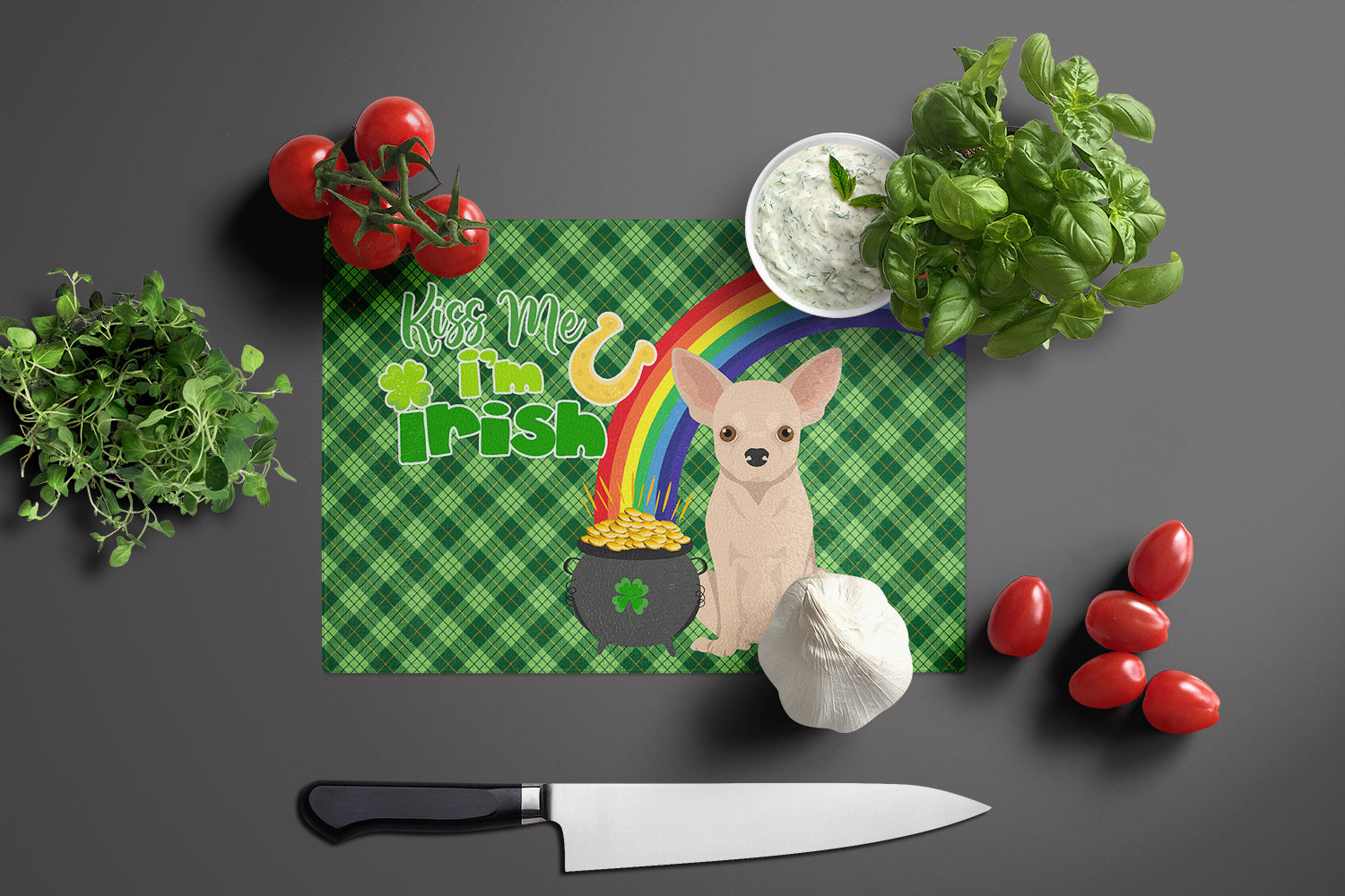 Fawn Chihuahua St. Patrick's Day Cutting Board Tempered Glass Kitchen Cutting Surface, Heat Resistant Chopping, Non-Slip Feet, Food Prep & Serving