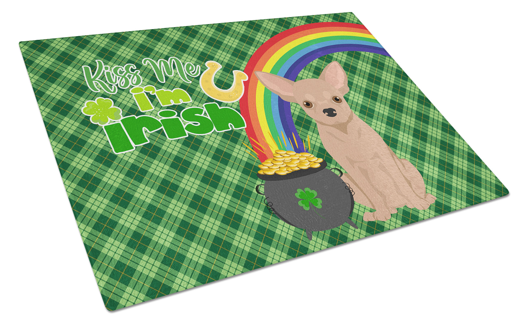 Cream Chihuahua St. Patrick's Day Cutting Board Tempered Glass Kitchen Cutting Surface, Heat Resistant Chopping, Non-Slip Feet, Food Prep & Serving
