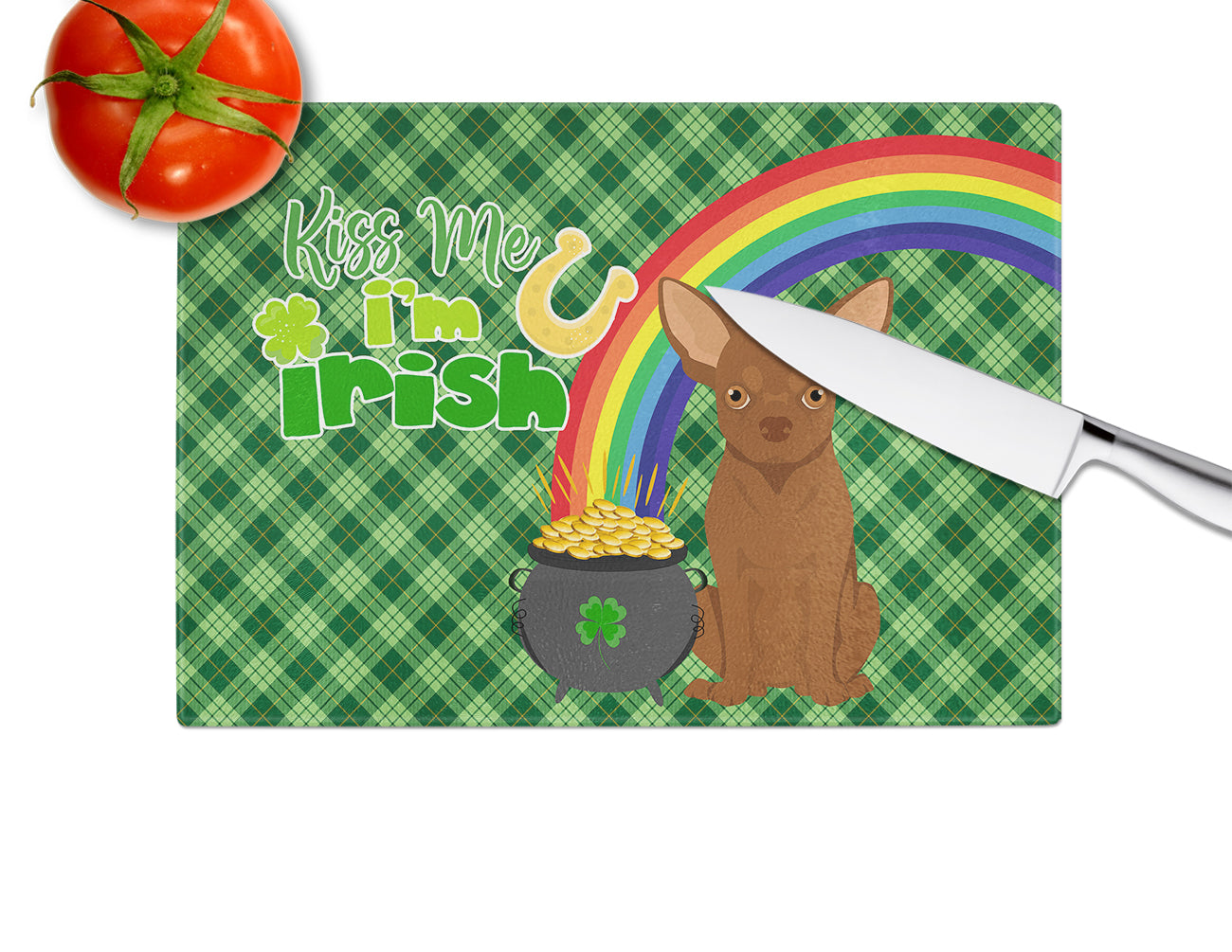 Chocolate Chihuahua St. Patrick's Day Cutting Board Tempered Glass Kitchen Cutting Surface, Heat Resistant Chopping, Non-Slip Feet, Food Prep & Serving