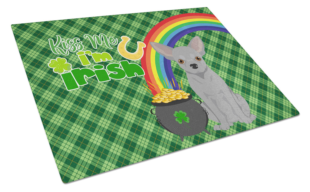 Silver Chihuahua St. Patrick's Day Cutting Board Tempered Glass Kitchen Cutting Surface, Heat Resistant Chopping, Non-Slip Feet, Food Prep & Serving