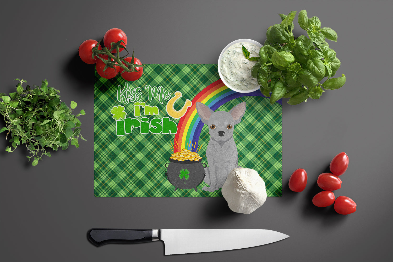 Silver Chihuahua St. Patrick's Day Cutting Board Tempered Glass Kitchen Cutting Surface, Heat Resistant Chopping, Non-Slip Feet, Food Prep & Serving