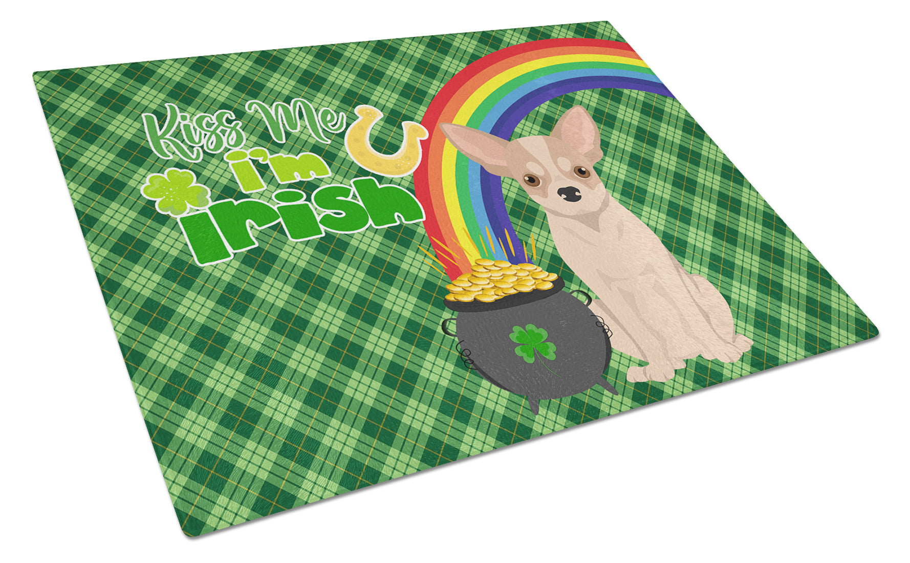 Fawn and White Chihuahua St. Patrick's Day Cutting Board Tempered Glass Kitchen Cutting Surface, Heat Resistant Chopping, Non-Slip Feet, Food Prep & Serving