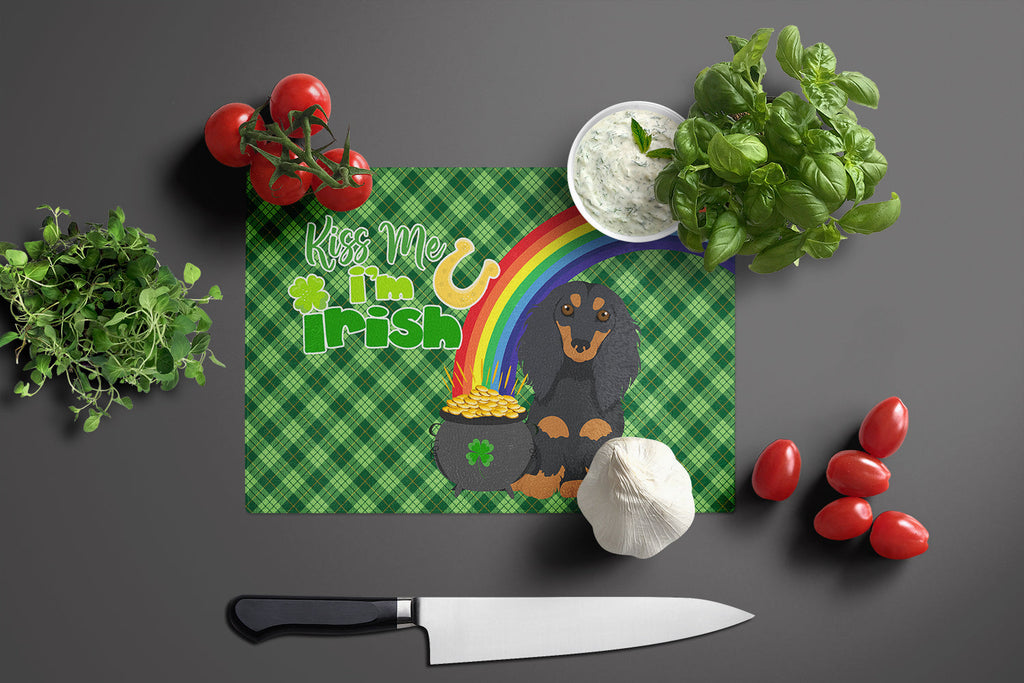 Longhair Black and Tan Dachshund St. Patrick's Day Cutting Board Tempered Glass Kitchen Cutting Surface, Heat Resistant Chopping, Non-Slip Feet, Food Prep & Serving