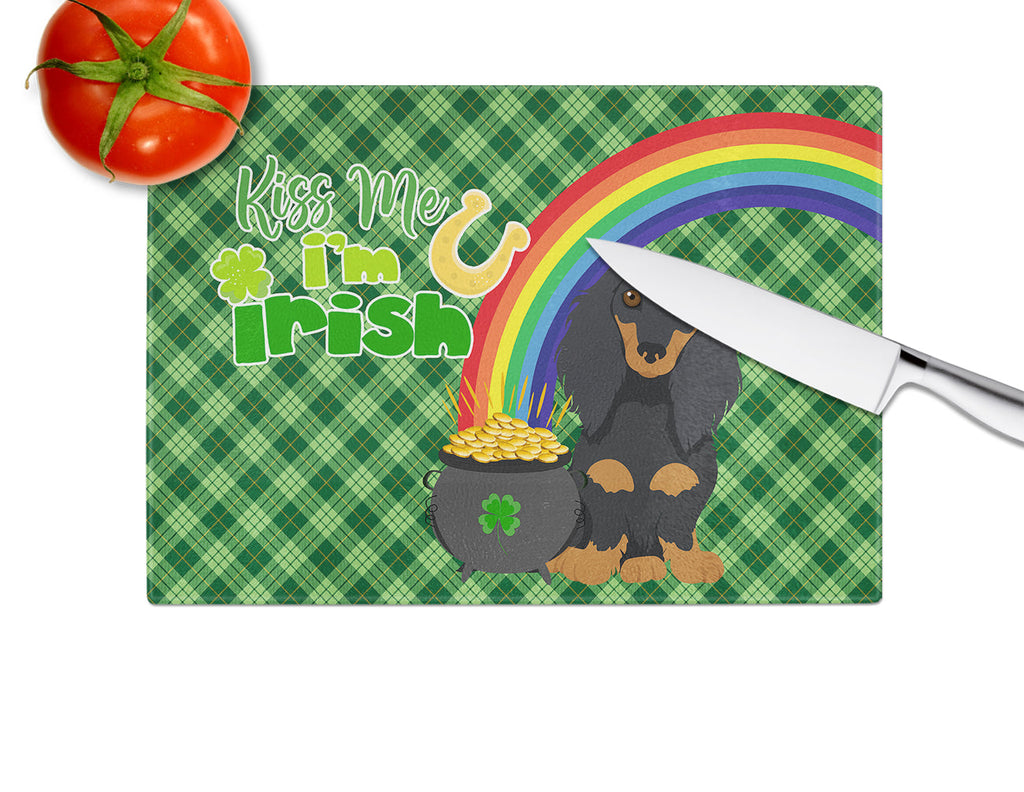 Longhair Black and Tan Dachshund St. Patrick's Day Cutting Board Tempered Glass Kitchen Cutting Surface, Heat Resistant Chopping, Non-Slip Feet, Food Prep & Serving