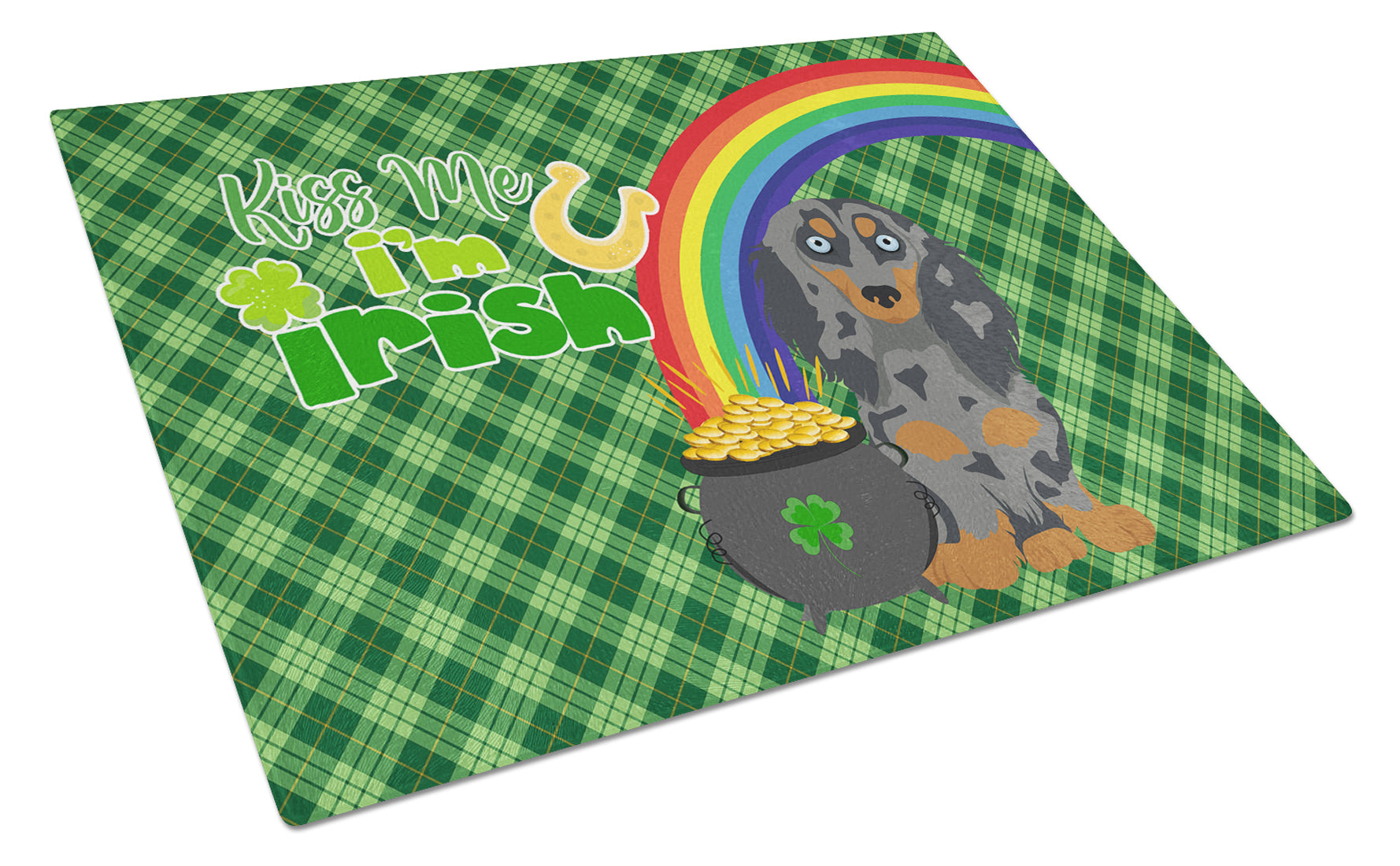 Longhair Blue and Tan Dapple Dachshund St. Patrick's Day Cutting Board Tempered Glass Kitchen Cutting Surface, Heat Resistant Chopping, Non-Slip Feet, Food Prep & Serving