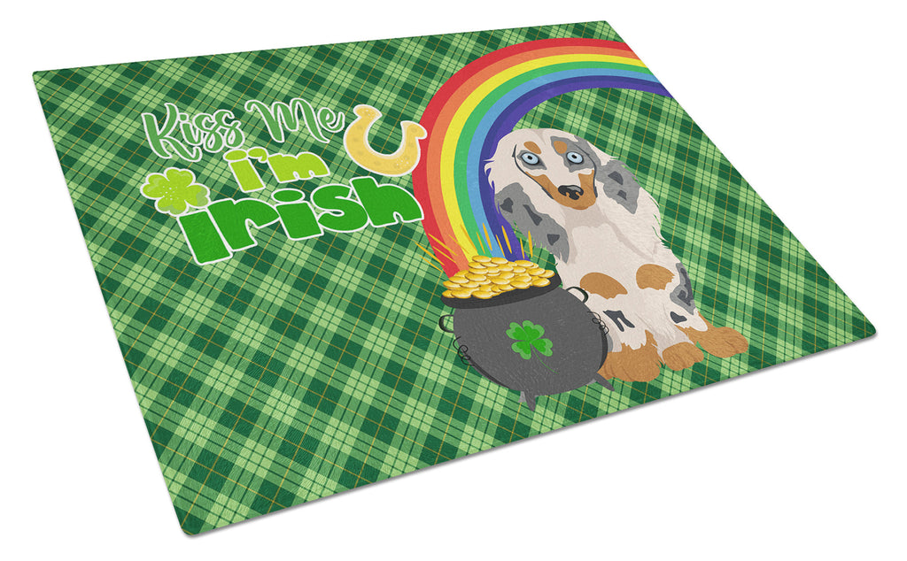 Longhair Cream Dapple Dachshund St. Patrick's Day Cutting Board Tempered Glass Kitchen Cutting Surface, Heat Resistant Chopping, Non-Slip Feet, Food Prep & Serving
