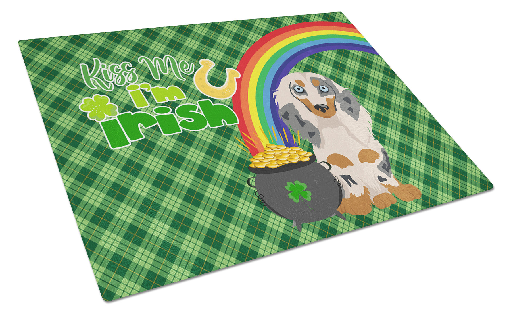 Longhair Cream Dapple Dachshund St. Patrick's Day Cutting Board Tempered Glass Kitchen Cutting Surface, Heat Resistant Chopping, Non-Slip Feet, Food Prep & Serving