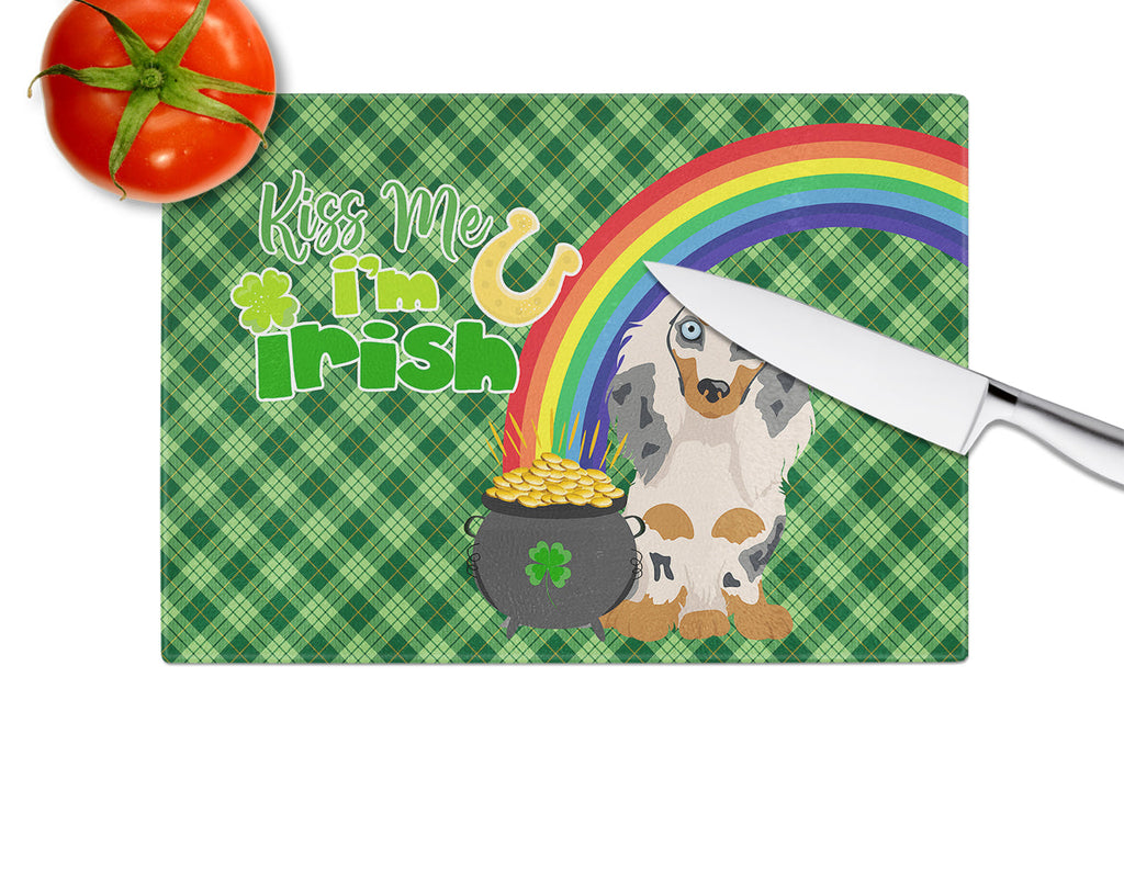 Longhair Cream Dapple Dachshund St. Patrick's Day Cutting Board Tempered Glass Kitchen Cutting Surface, Heat Resistant Chopping, Non-Slip Feet, Food Prep & Serving