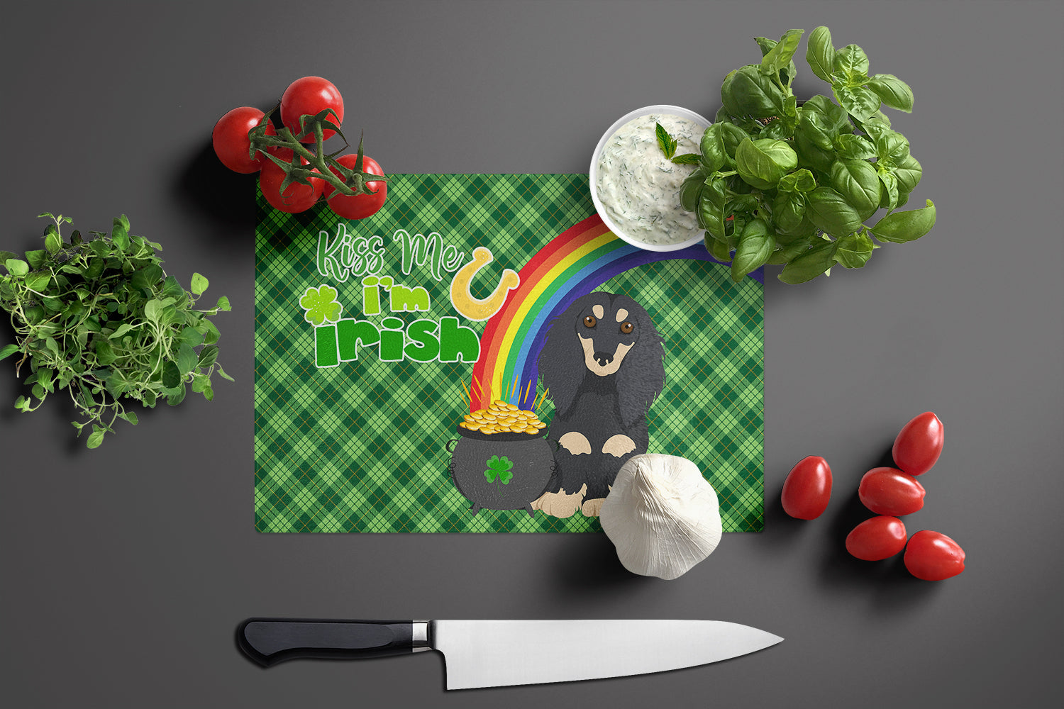Longhair Black and Cream Dachshund St. Patrick's Day Cutting Board Tempered Glass Kitchen Cutting Surface, Heat Resistant Chopping, Non-Slip Feet, Food Prep & Serving