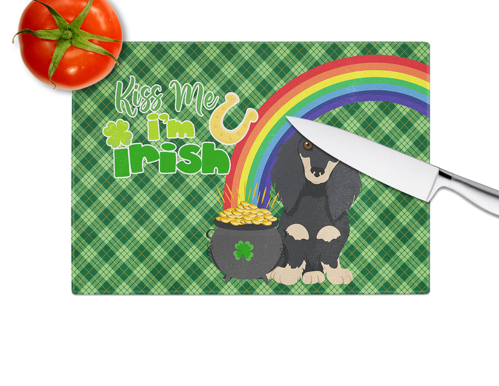 Longhair Black and Cream Dachshund St. Patrick's Day Cutting Board Tempered Glass Kitchen Cutting Surface, Heat Resistant Chopping, Non-Slip Feet, Food Prep & Serving