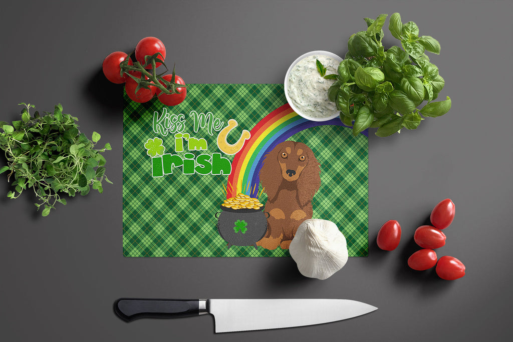 Longhair Chocolate and Tan Dachshund St. Patrick's Day Cutting Board Tempered Glass Kitchen Cutting Surface, Heat Resistant Chopping, Non-Slip Feet, Food Prep & Serving