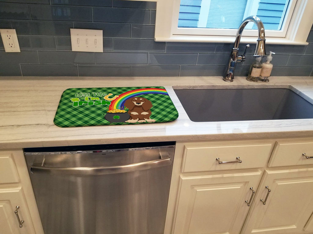 Longhair Chocolate and Cream Dachshund St. Patrick's Day Dish Drying Mat Absorbent Dish Drying Mat Pad for Kitchen Counter Dish Drainer Mat for Countertop, 14 x 21", Multicolor