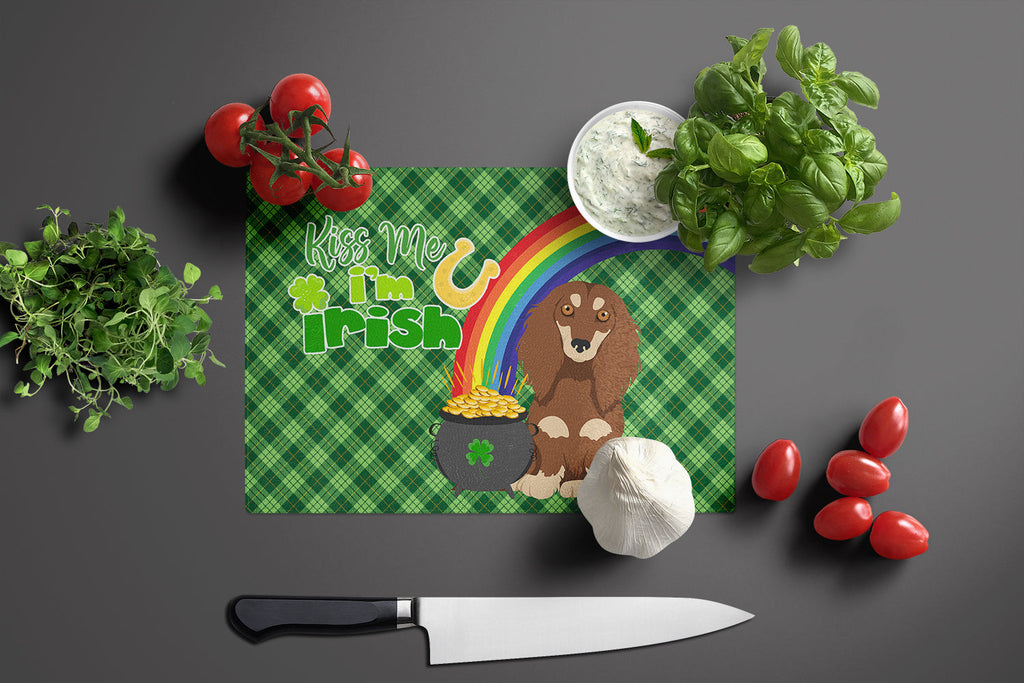 Longhair Chocolate and Cream Dachshund St. Patrick's Day Cutting Board Tempered Glass Kitchen Cutting Surface, Heat Resistant Chopping, Non-Slip Feet, Food Prep & Serving