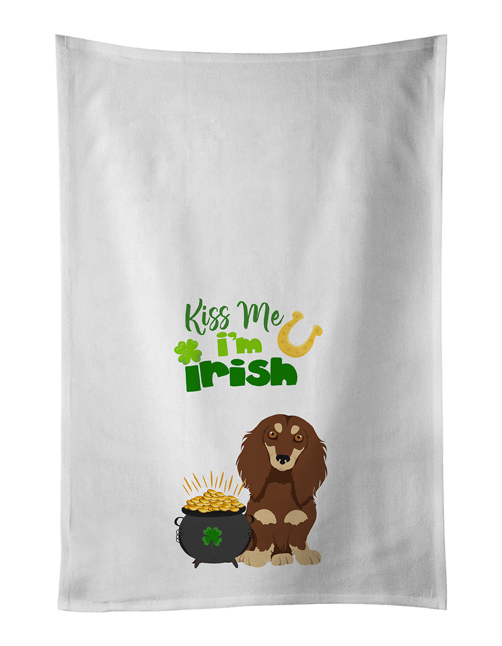 Longhair Chocolate and Cream Dachshund St. Patrick's Day Kitchen Towel Set of 2 White Dish Towels Decorative Bathroom Hand towel for Hand, Face, Hair, Yoga, Tea, Dishcloth, 19 X 28", White
