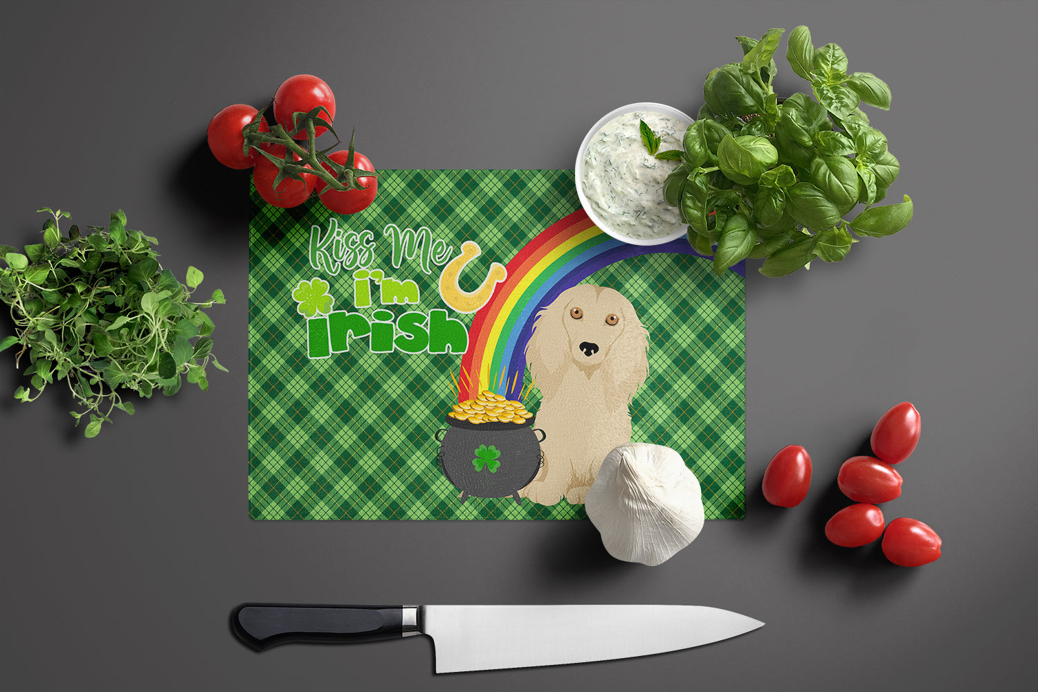 Longhair Cream Dachshund St. Patrick's Day Cutting Board Tempered Glass Kitchen Cutting Surface, Heat Resistant Chopping, Non-Slip Feet, Food Prep & Serving