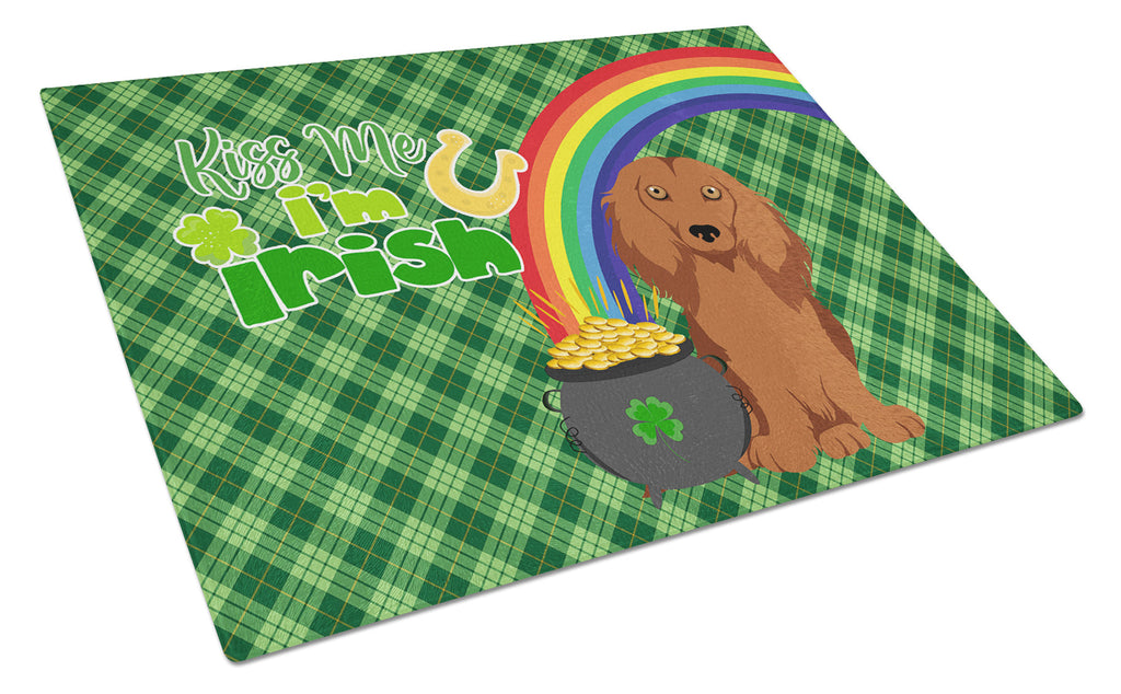 Longhair Red Dachshund St. Patrick's Day Cutting Board Tempered Glass Kitchen Cutting Surface, Heat Resistant Chopping, Non-Slip Feet, Food Prep & Serving
