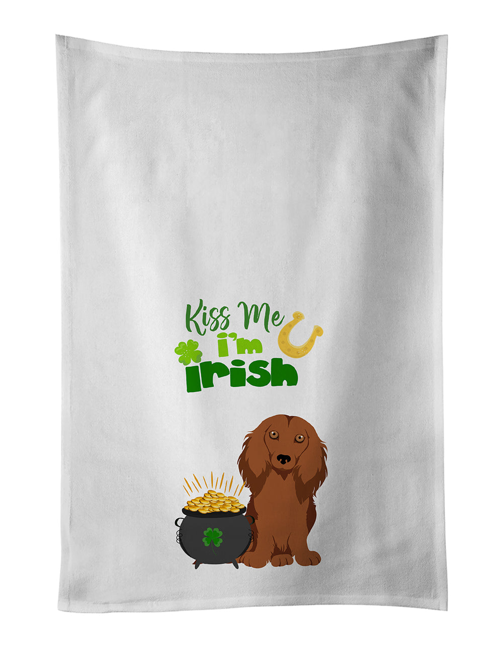 Longhair Red Dachshund St. Patrick's Day Kitchen Towel Set of 2 White Dish Towels Decorative Bathroom Hand towel for Hand, Face, Hair, Yoga, Tea, Dishcloth, 19 X 28", White