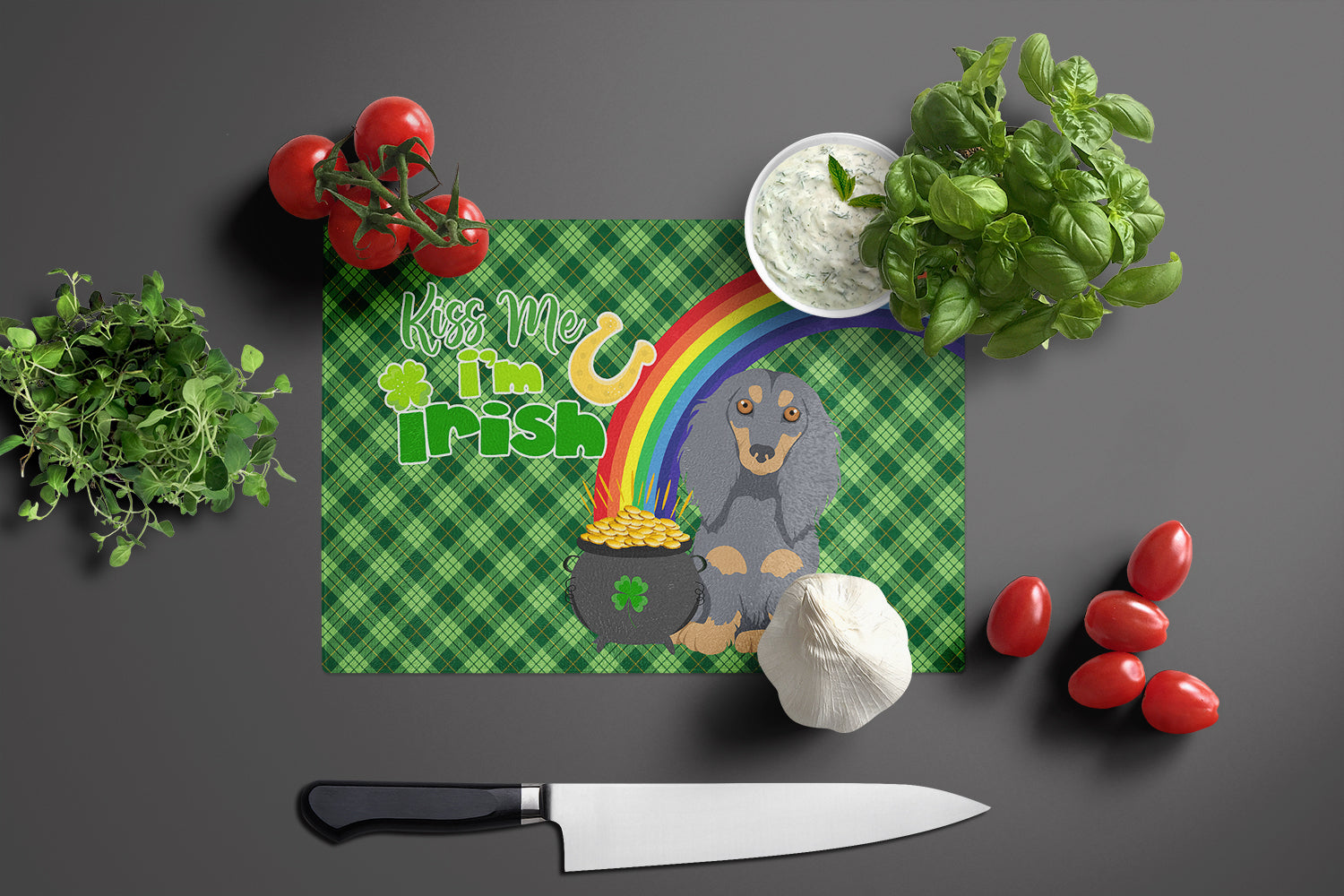 Longhair Blue and Tan Dachshund St. Patrick's Day Cutting Board Tempered Glass Kitchen Cutting Surface, Heat Resistant Chopping, Non-Slip Feet, Food Prep & Serving