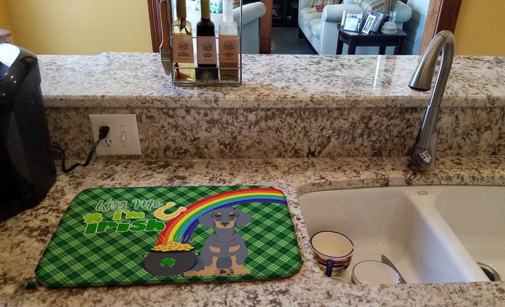 Blue and Tan Dachshund St. Patrick's Day Dish Drying Mat Absorbent Dish Drying Mat Pad for Kitchen Counter Dish Drainer Mat for Countertop, 14 x 21", Multicolor