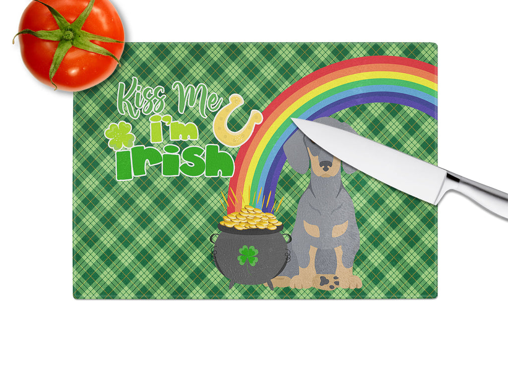 Blue and Tan Dachshund St. Patrick's Day Cutting Board Tempered Glass Kitchen Cutting Surface, Heat Resistant Chopping, Non-Slip Feet, Food Prep & Serving
