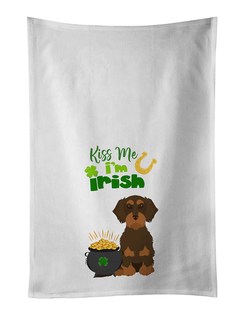 Wirehair Chocolate and Tan Dachshund St. Patrick's Day Kitchen Towel Set of 2 White Dish Towels Decorative Bathroom Hand towel for Hand, Face, Hair, Yoga, Tea, Dishcloth, 19 X 28", White