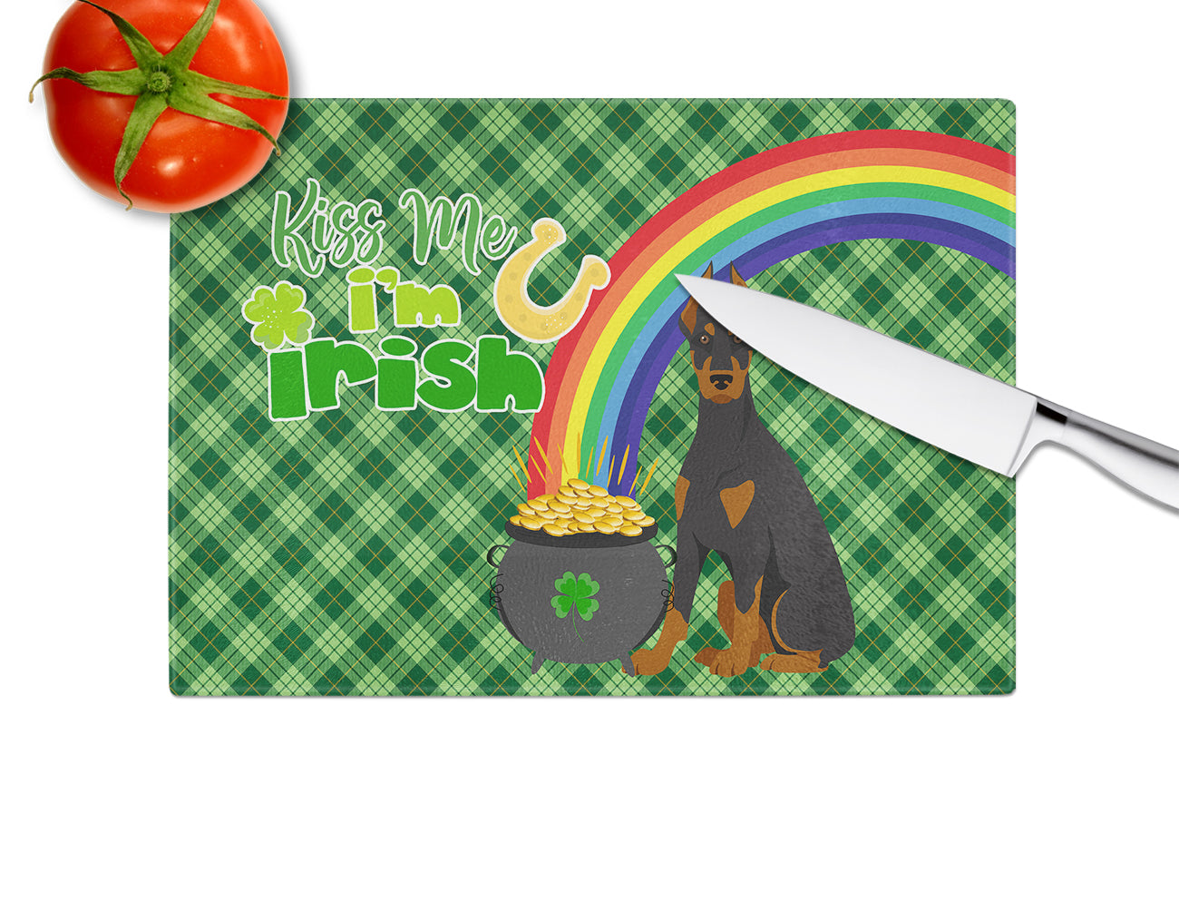 Black and Tan Doberman Pinscher St. Patrick's Day Cutting Board Tempered Glass Kitchen Cutting Surface, Heat Resistant Chopping, Non-Slip Feet, Food Prep & Serving