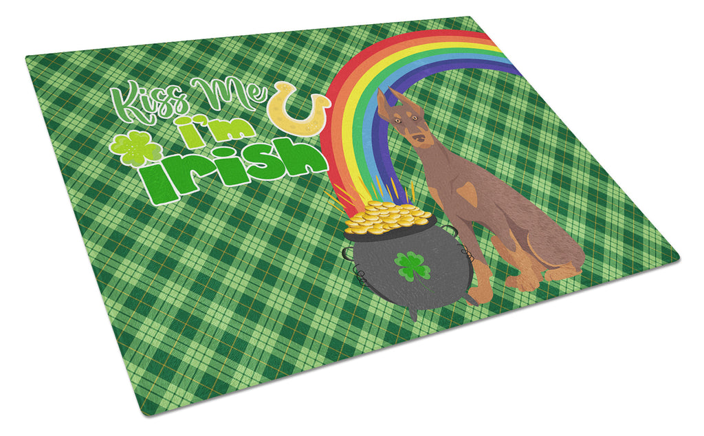 Red and Tan Doberman Pinscher St. Patrick's Day Cutting Board Tempered Glass Kitchen Cutting Surface, Heat Resistant Chopping, Non-Slip Feet, Food Prep & Serving