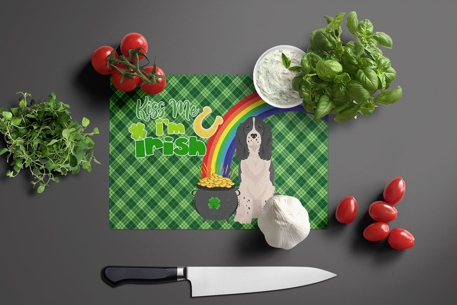 Black English Springer Spaniel St. Patrick's Day Cutting Board Tempered Glass Kitchen Cutting Surface, Heat Resistant Chopping, Non-Slip Feet, Food Prep & Serving