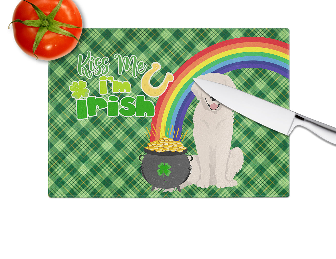 Cream Golden Retriever St. Patrick's Day Cutting Board Tempered Glass Kitchen Cutting Surface, Heat Resistant Chopping, Non-Slip Feet, Food Prep & Serving