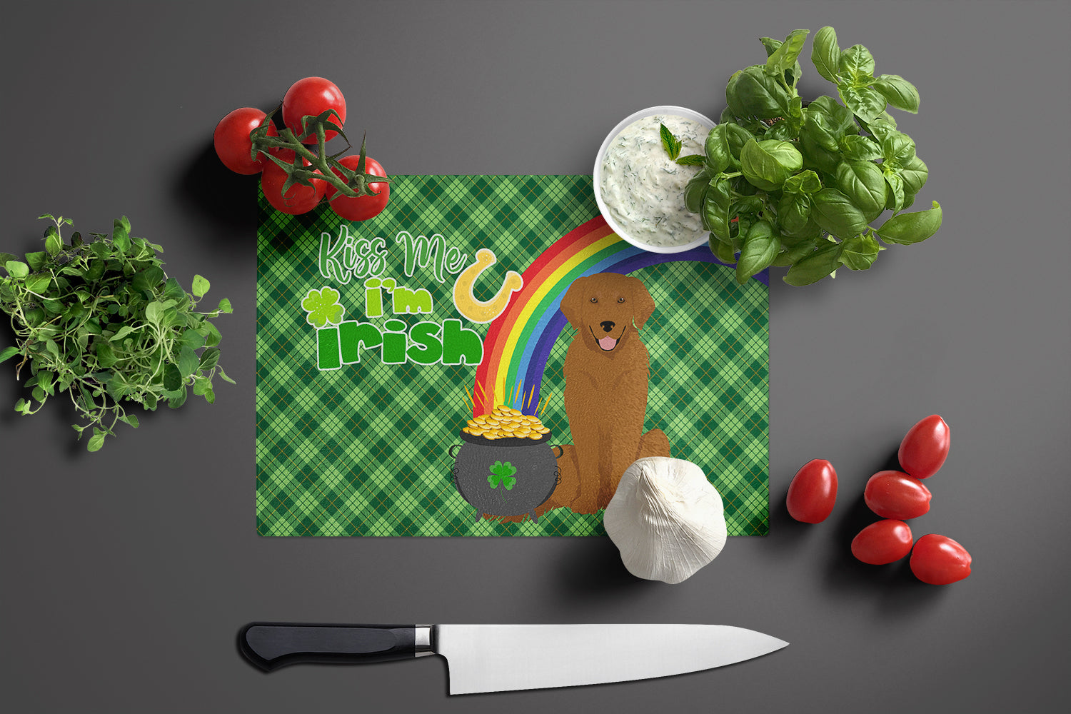 Mahogany Golden Retriever St. Patrick's Day Cutting Board Tempered Glass Kitchen Cutting Surface, Heat Resistant Chopping, Non-Slip Feet, Food Prep & Serving