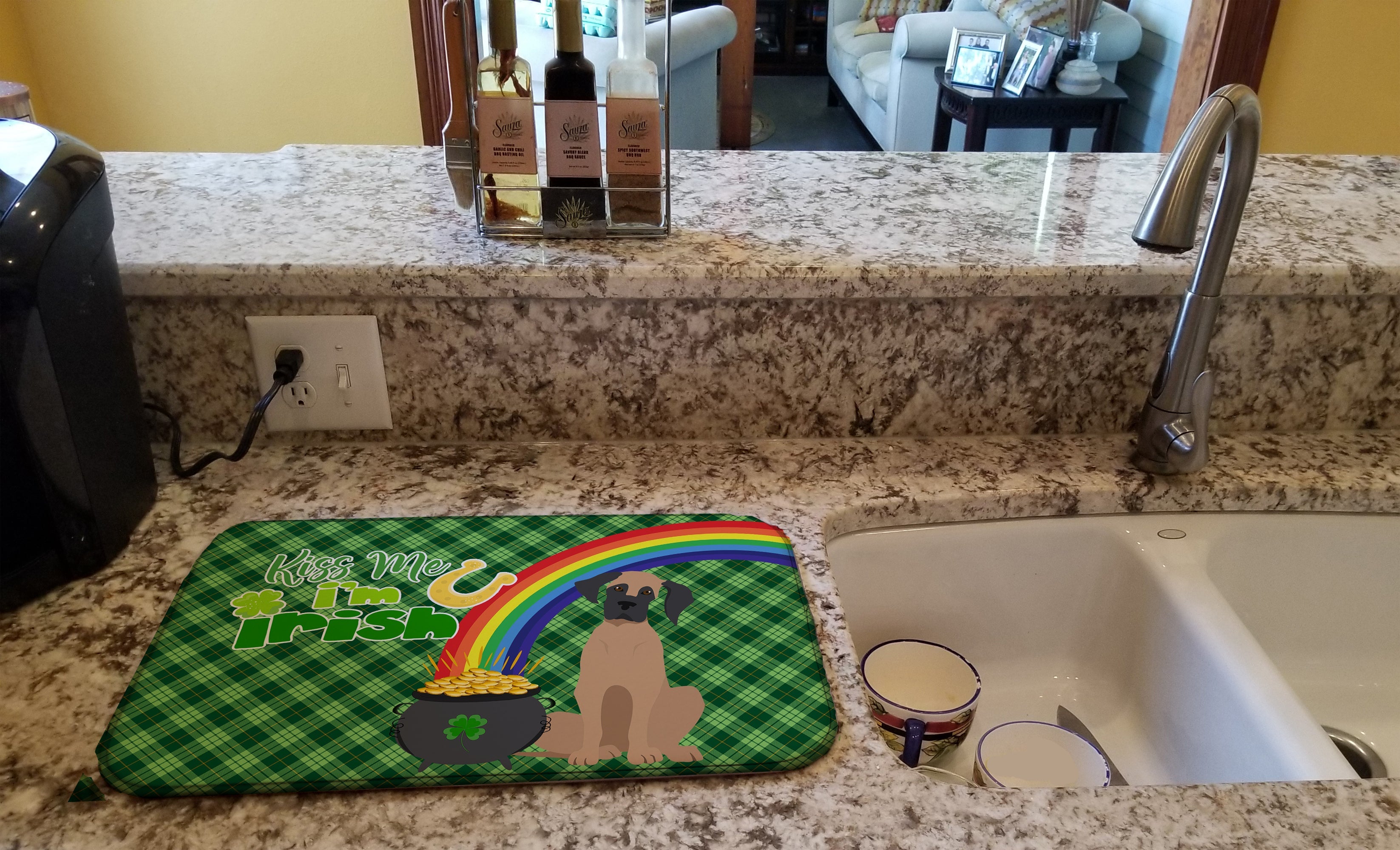 Fawn Great Dane St. Patrick's Day Dish Drying Mat Absorbent Dish Drying Mat Pad for Kitchen Counter Dish Drainer Mat for Countertop, 14 x 21", Multicolor